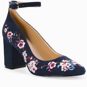 WHBM Bethany Floral Embroidered Mary Janes Navy